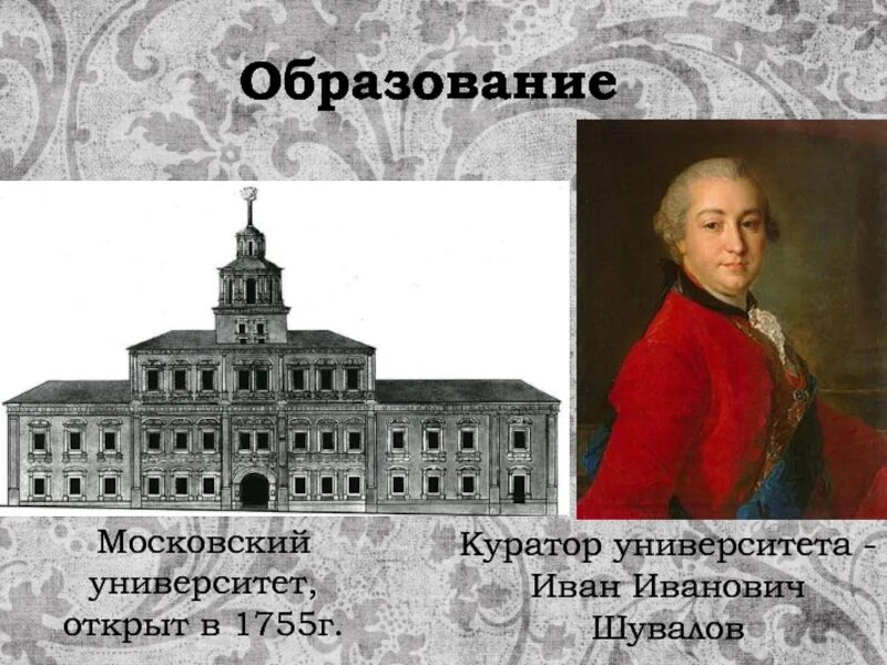 В каком году ломоносов открыл университет. Московский университет Шувалов 1755. Шувалов 18 век Московский университет. Московский университет (и. и. Шувалов, м. в. Ломоносов).