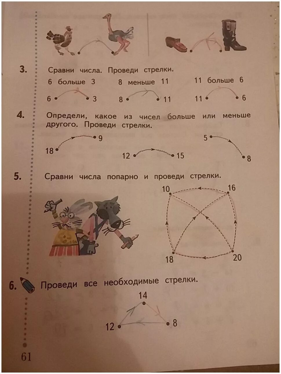 Соавни чимла попарно ипроаеди мтрелки. Проведи все необходимые стрелки. Математика 1 класс 2 часть страница 61 рабочая. Сравни числа попарно и проведи стрелки.