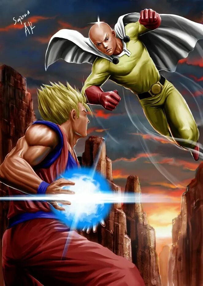 Кто сильнее сайтам или гоку. Сайтама против Гоку. Goku vs Сайтама. Гоку против Сайтамы арт. Сайтама сильнее Гоку.