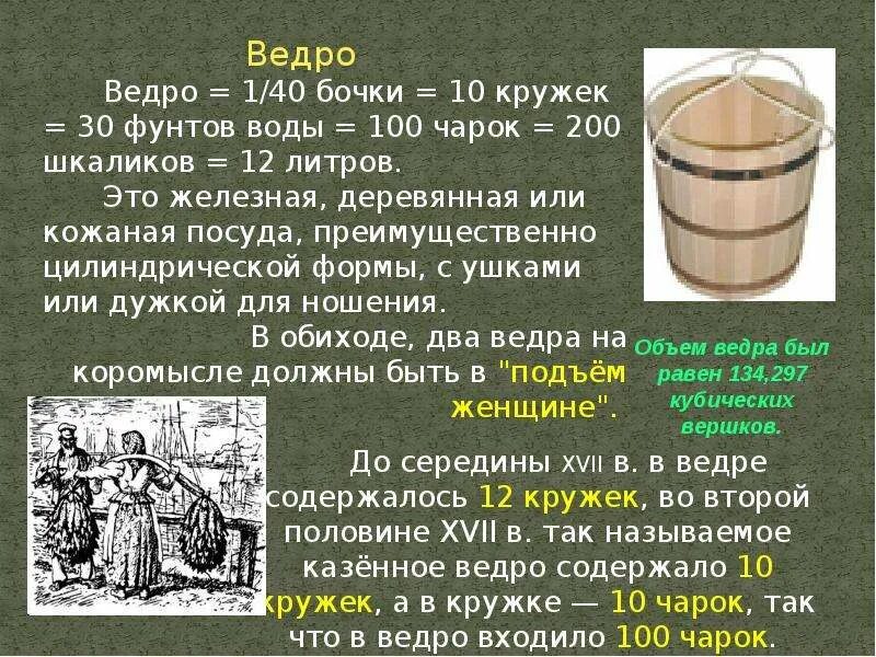 В ведро налито 5 литров воды. Ведро цилиндрической формы. Ведро русская мера объема. Емкость ведра. Объем 1 ведра.