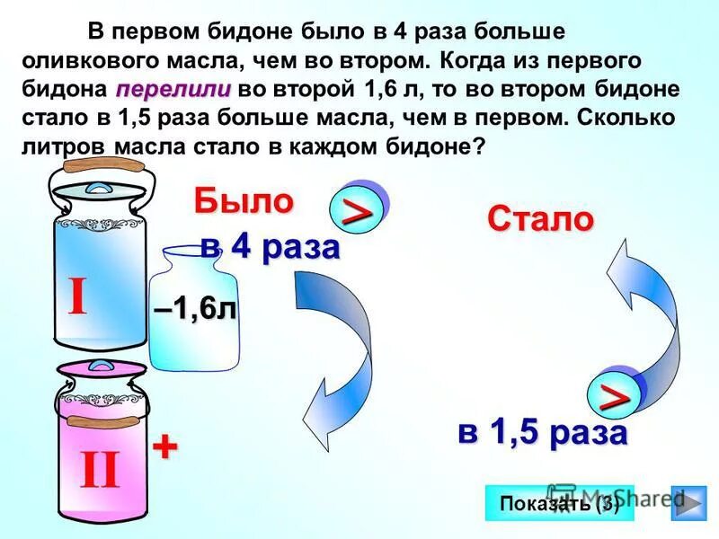 В 1 3 раза больше. В первом бидоне было. В первом бидоне в 1.5 раза больше чем во втором. В первом бидоне было в 4 раза больше оливкового. В четыре раза больше.