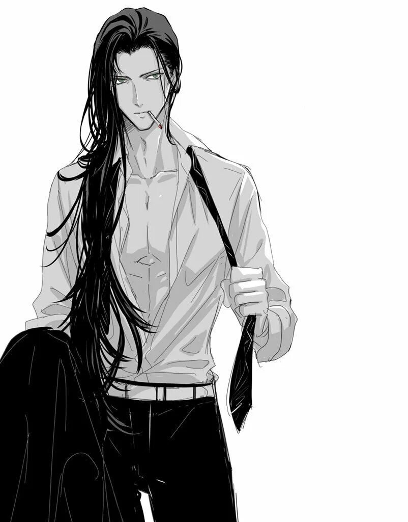 With long dark hair. Парень с длинными черными волосами арт.