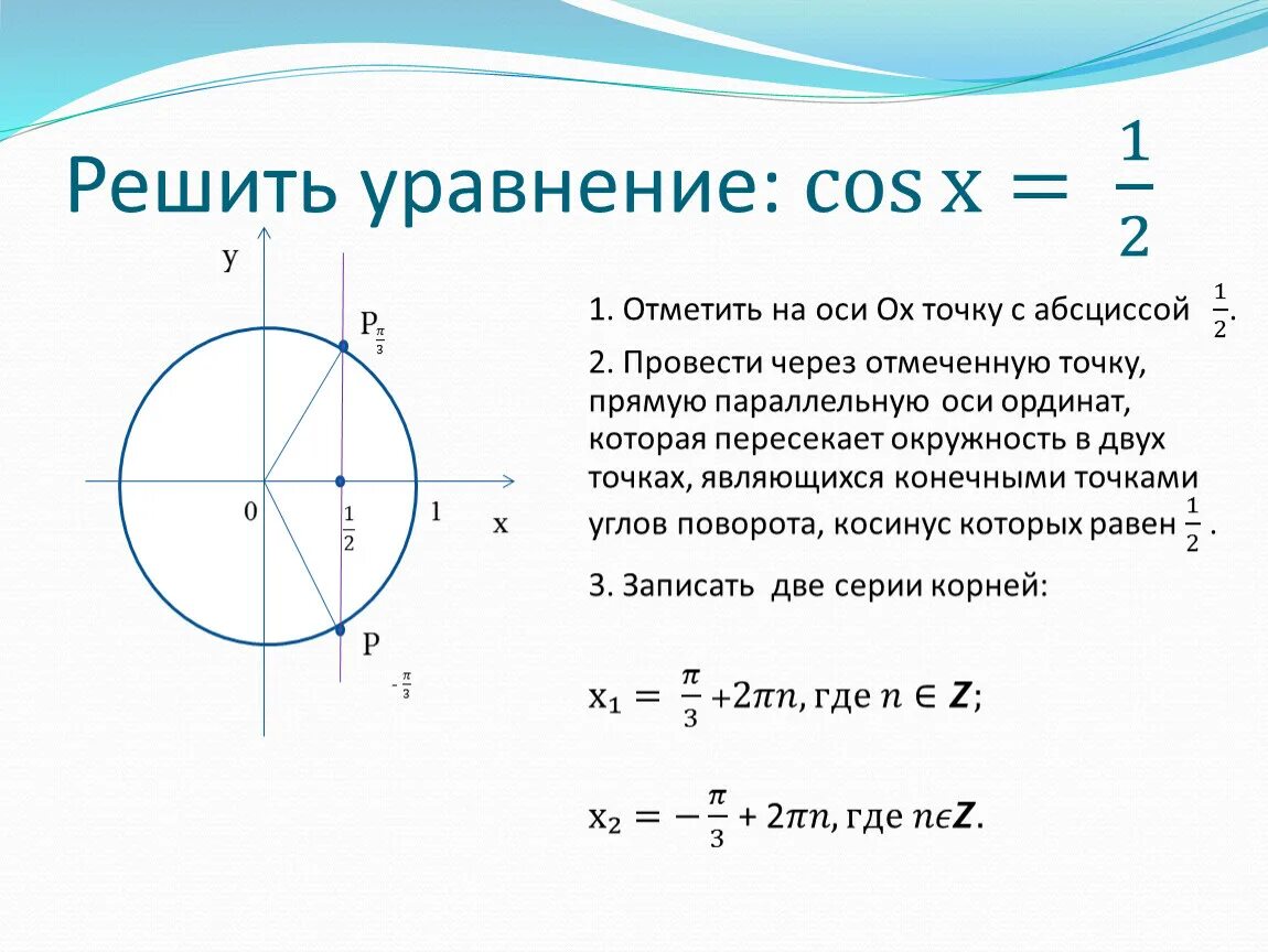 Cos 1 2. Решение уравнения cos x = 1/2. Cosx 1 2 решение уравнения. Решите уравнение cosx 1/2. Cos x 1 2 решить уравнение.