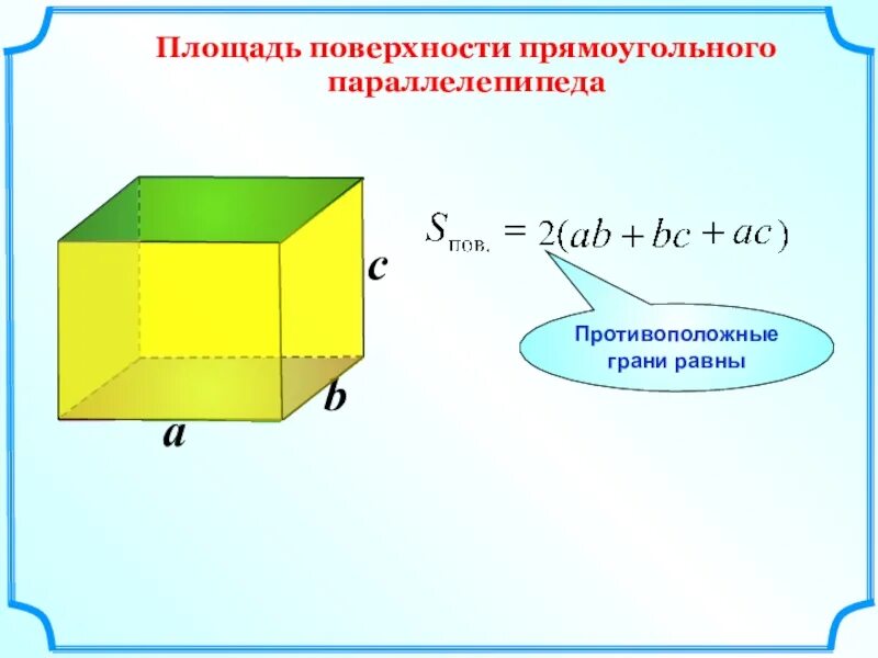 Вычислить площадь граней куба. Площадь поверхности прямоугольного параллелепипеда. Площадь поверхности прямоугольника. Площадь грани прямоугольного параллелепипеда. Площадь прямоугольника параллелепипеда.