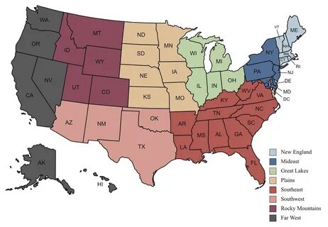 Classification of regions in the United States according to the Bureau of E...