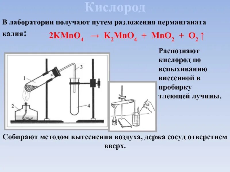 Собирание кислорода. Получение кислорода в лаборатории из перманганата калия. Прибор для получения кислорода из перманганата калия. Кислород из перманганата калия. Получтение и собрание кислорода.