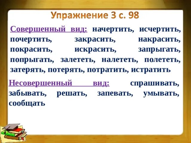 Вид глагола заметил. Изчертить или исчертить. +Замечать совершенный вид. Упражнять совершенный вид.