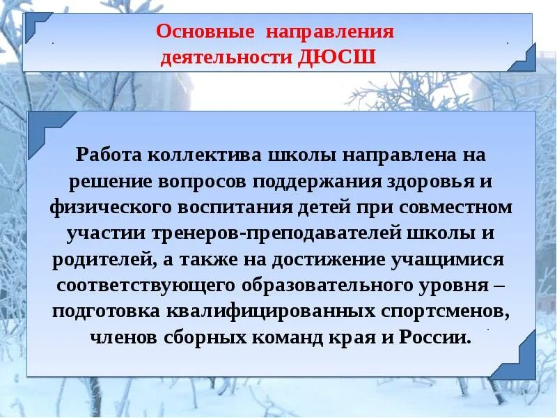 Направления спортивной работы в школе. Презентация спортивной школы. Основные направления в работе спортивных школ. Основные направления деятельности ДЮСШ.