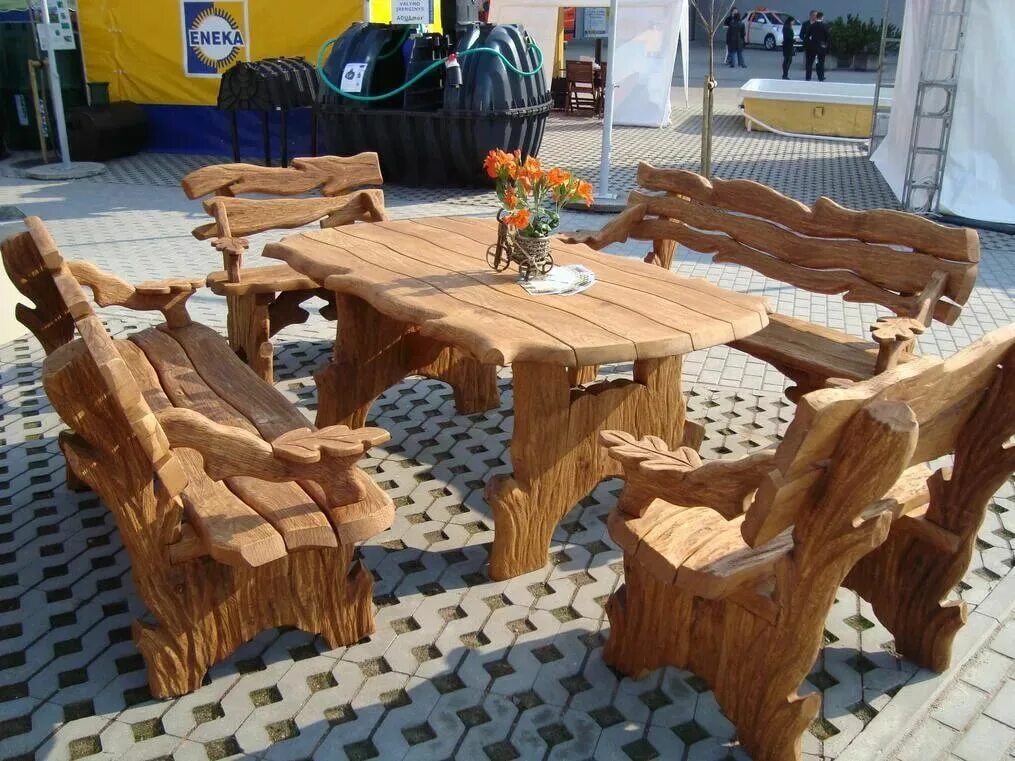 Деревянная Садовая мебель. Стол из дерева. Необычная Садовая мебель. Красивая деревянная мебель.