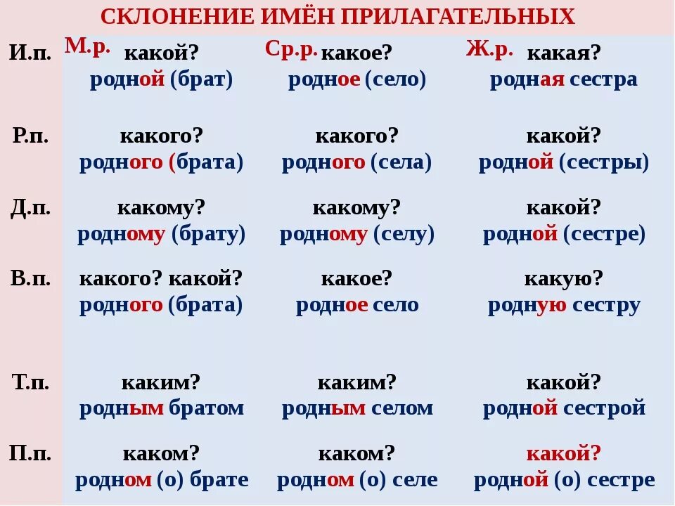 Имя прилагательное изменение по родам и числам. Прилагательные изменение по падежам. Склонение имен прилагательных. Склонение прилагательных по падежам.