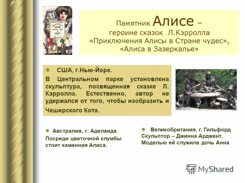 Презентация алиса в стране чудес 5 класс. Алиса для презентации. Алиса в Зазеркалье памятник. Проект Алиса в стране чудес презентация. Льюис Кэрролл произведения.