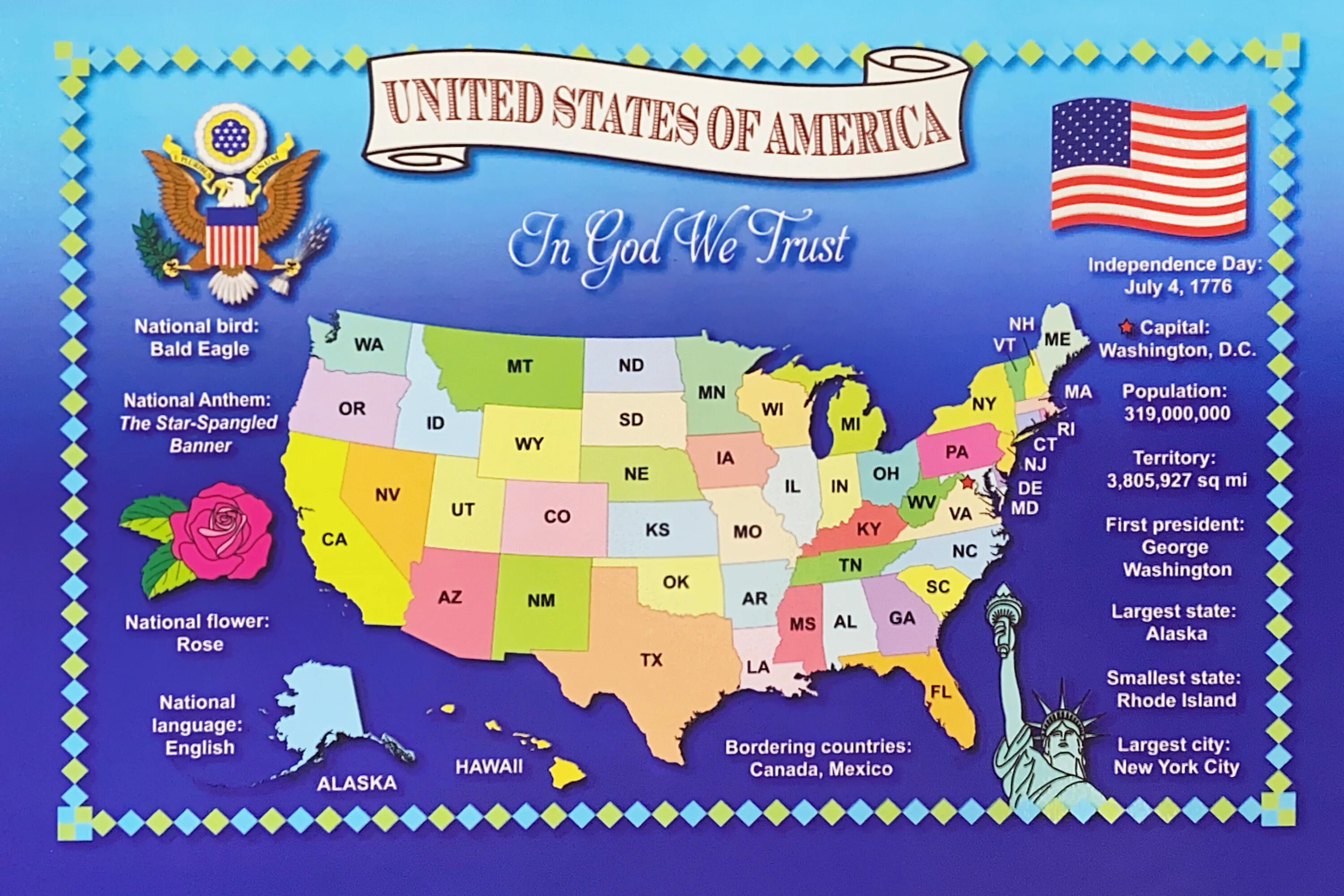 State card. Postcard usa. карта сша 1776. usa states map. national flower of usa.