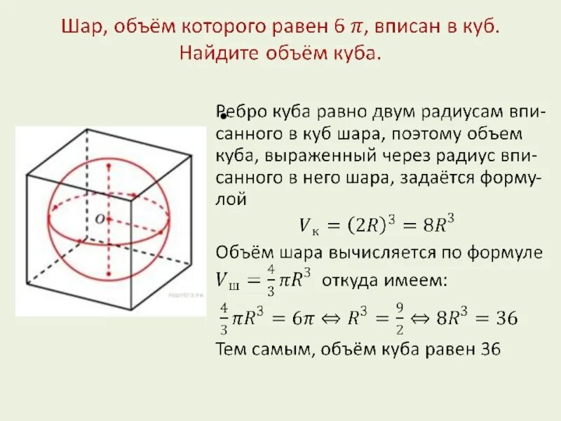 Радиус описанного вокруг куба шара. Объём Куба вписанного в шар формула. Радиус вписанного Куба. Объем шара вписанного в куб формула. Объем вписанного Куба.