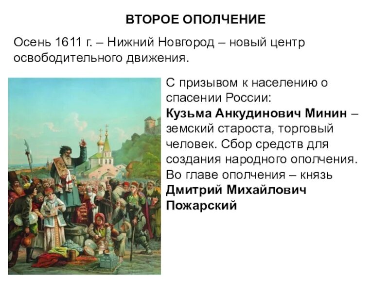 Второе народное земское. Первое народное ополчение 1611 Новгород. Второе Нижегородское ополчение 1612 г. Первое ополчение второе ополчение 7 класс история России.