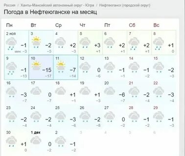 Погода в нефтеюганске на ноябрь