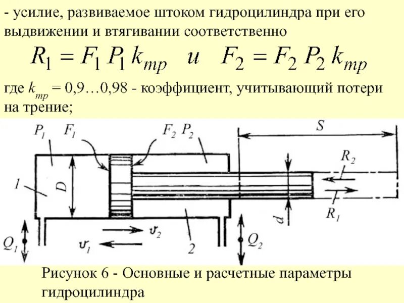 Максимальная сила действующая на поршень. Усилие на штоке гидроцилиндра формула. Расчетная схема гидроцилиндра. Расчет скорости перемещения штока гидроцилиндра. Усилие на поршне гидроцилиндра.