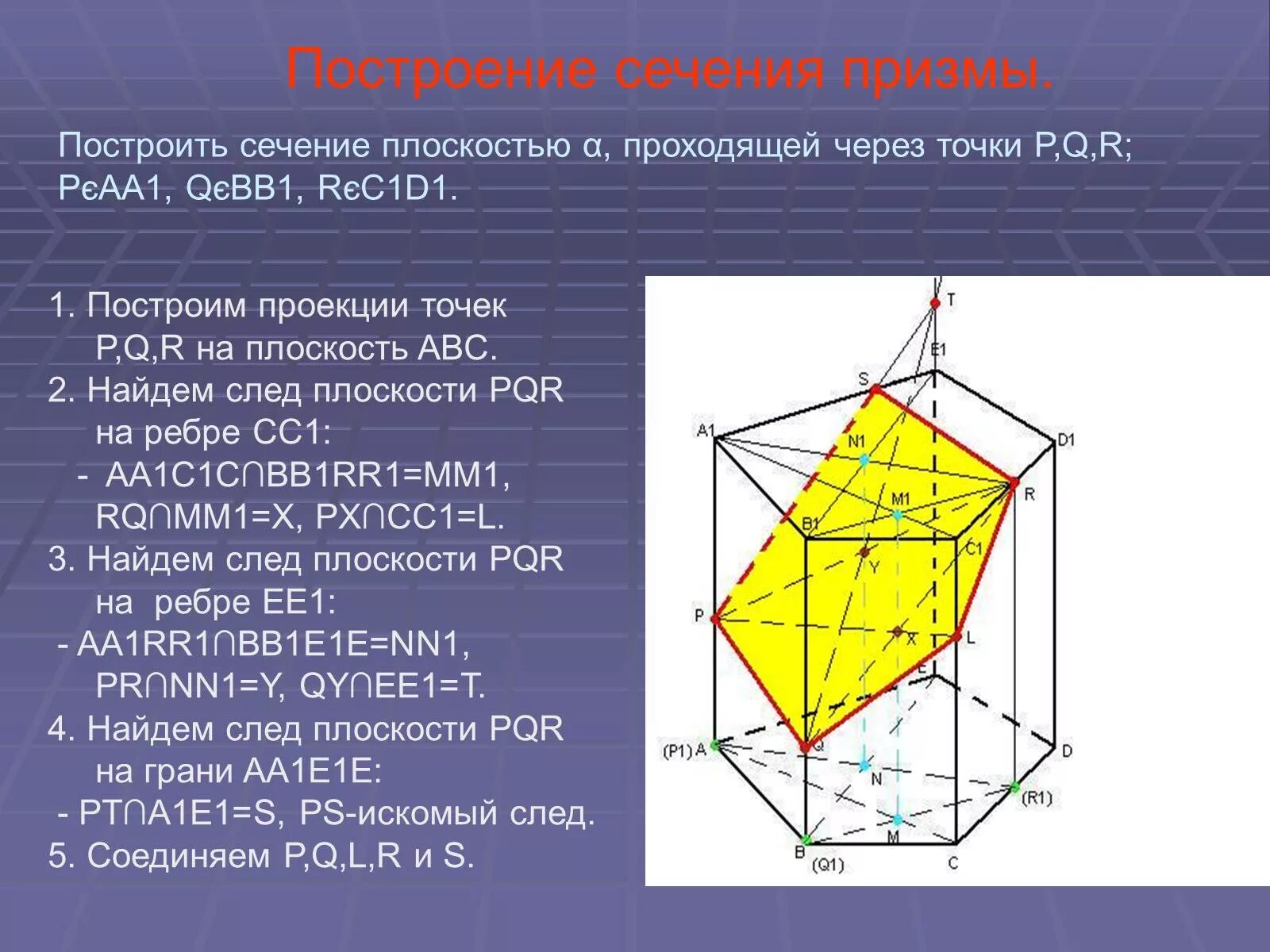 Сечение через точки. Алгоритм построения сечения многогранников. Сечения многогранников построение сечений. Сечение многогранников Призма. Построение сечений многогранников методом следов алгоритм.