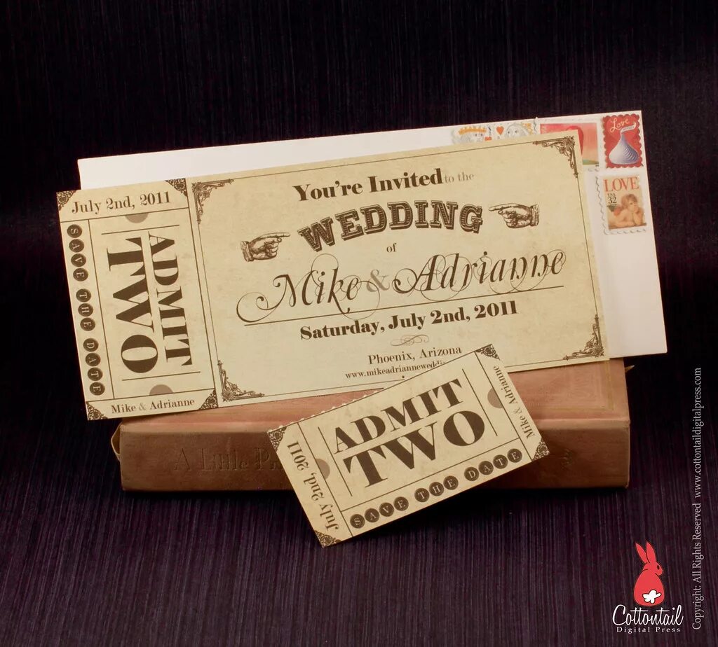 The cheapest tickets to the homecoming. Wedding ticket. Ticket West. Retro Wedding invite. Sitting ticket.