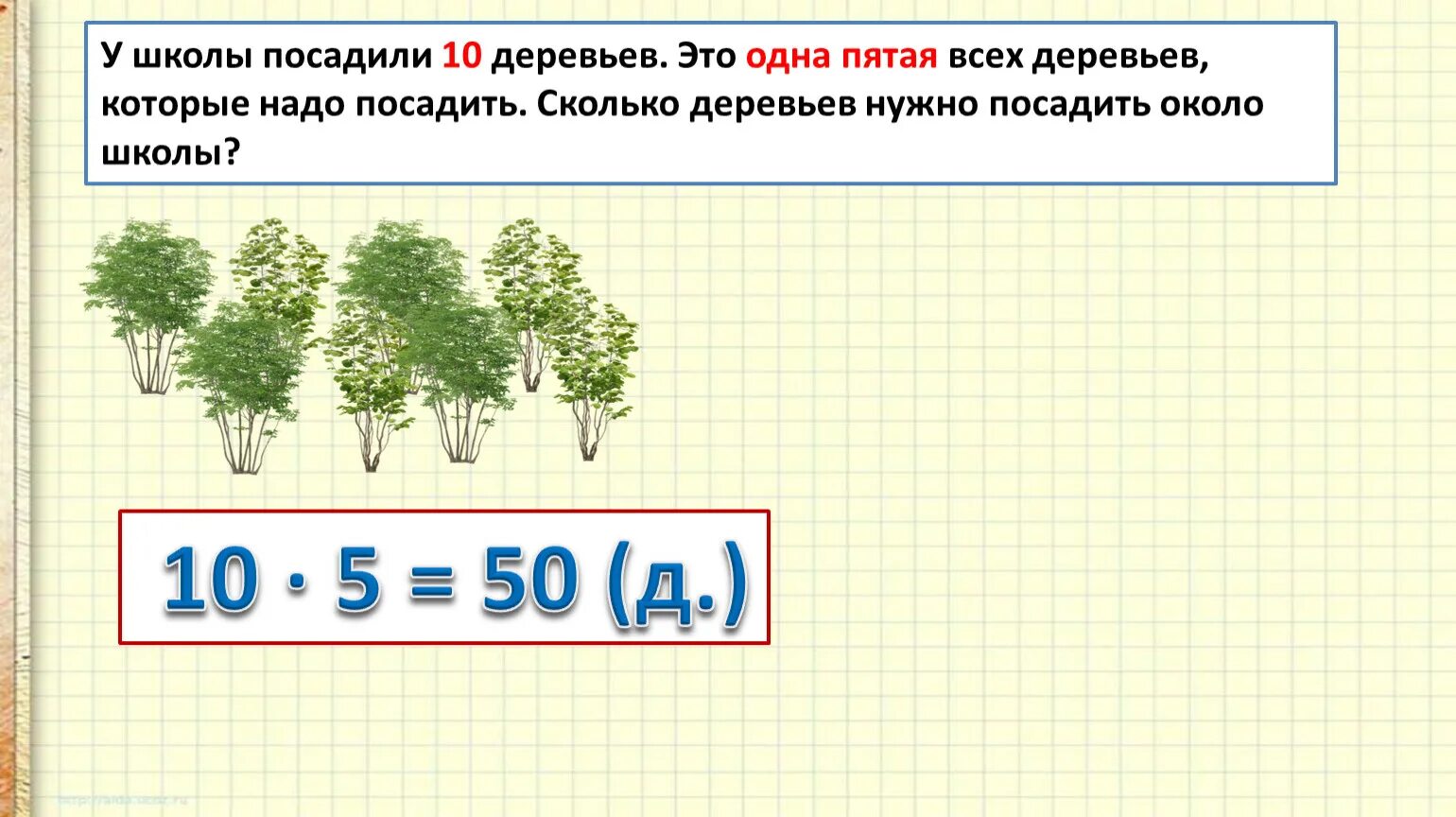 Одна пятая. Посадить 10 деревьев. 9 Деревьев. Сколько всего девять деревьев.