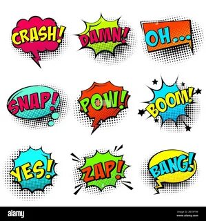 RF2B15P1W–Comic. colored speech bubbles with halftone shadow and text phras...