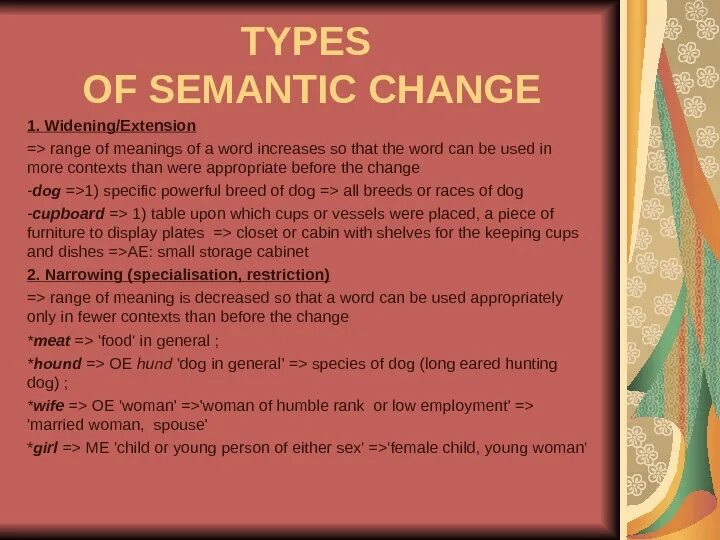 Types of semantic change. Semantic change examples. Causes of semantic change. Semantic change of meaning.