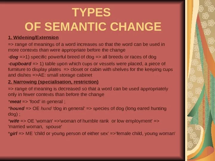 Types of word meaning. Types of semantic change. main types of semantic change. semantic change examples. causes of semantic change.