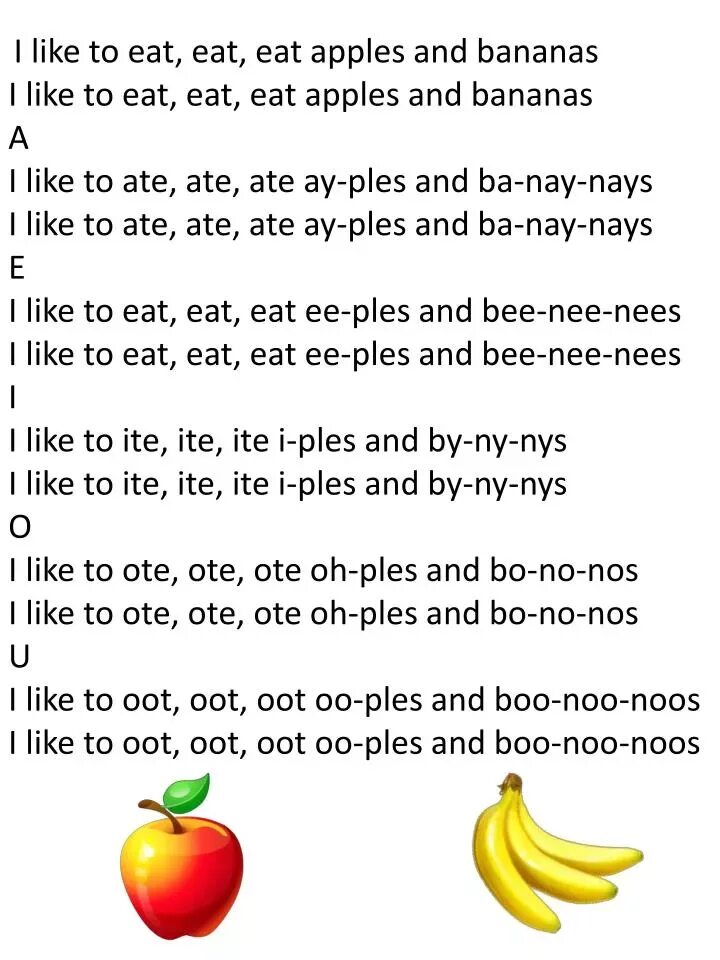 I like bananas apples. I like Apple или i like an Apple. I like to eat Apples and Bananas. I like to eat. I like Bananas стишок.