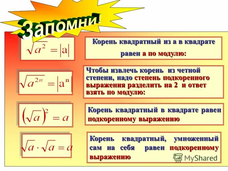 Квадрат квадратного корня из выражения