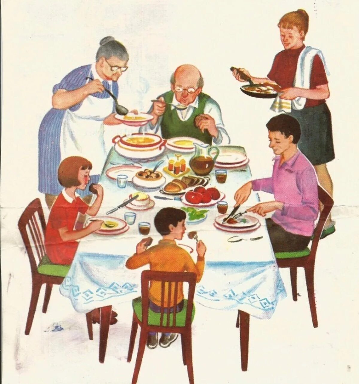 Гости тематическая неделя. Семья обедает за столом. Праздничный стол рисунок. Семейный завтрак иллюстрация. Семья за столом иллюстрация.