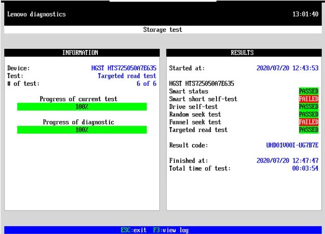 Result failure. Lenovo Diagnostic main Screen где виртуализация. • Hard Disk Diagnostic Utilities.