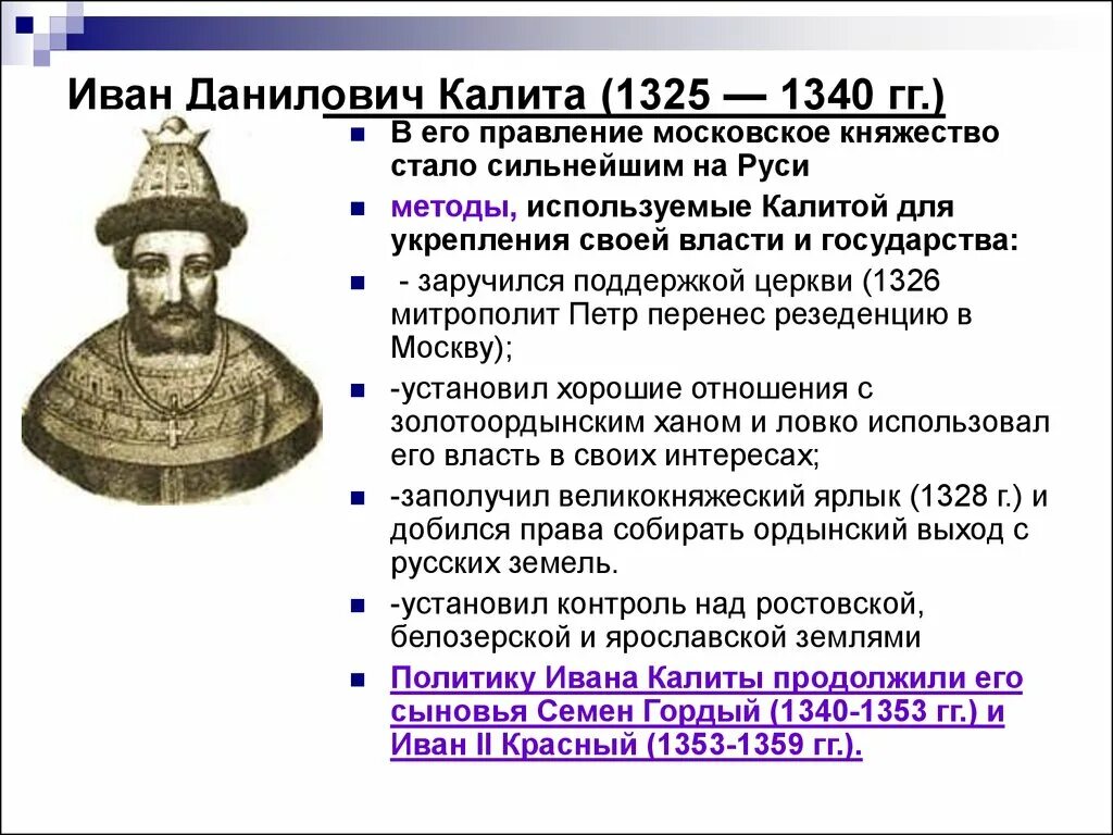 Семён Иванович гордый 1340-1353. 1325–1340 — Княжение в Москве Ивана i Калиты.. Правитель начавший собирать земли вокруг москвы