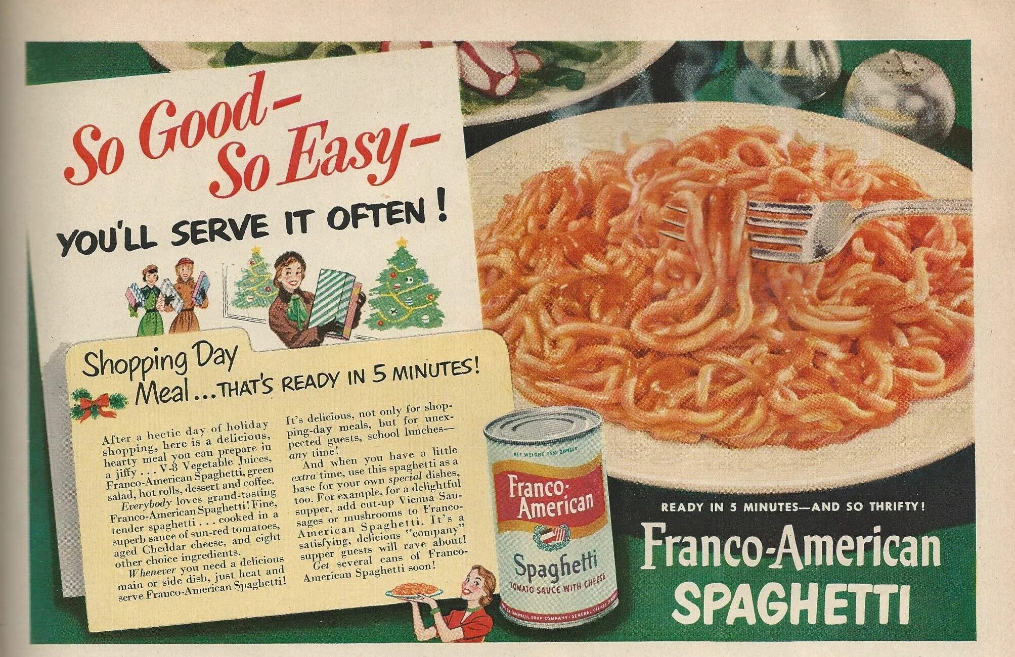 Franco American Spaghetti. Retro ads Spagetti. Advertisement of American meals. Франко Сауделли комиксы.