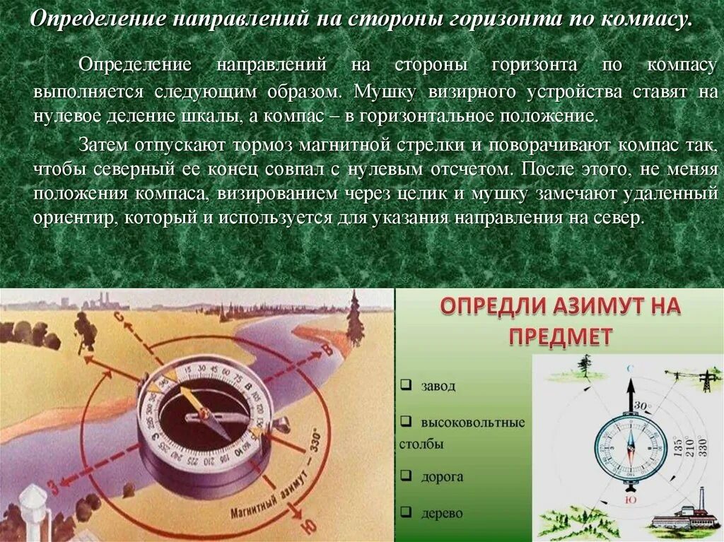 Горизонт. Стороны горизонта. Азимут. Определение сторон горизонта по компасу. Ориентир по компасу. Компас, определение сторон горизонта.