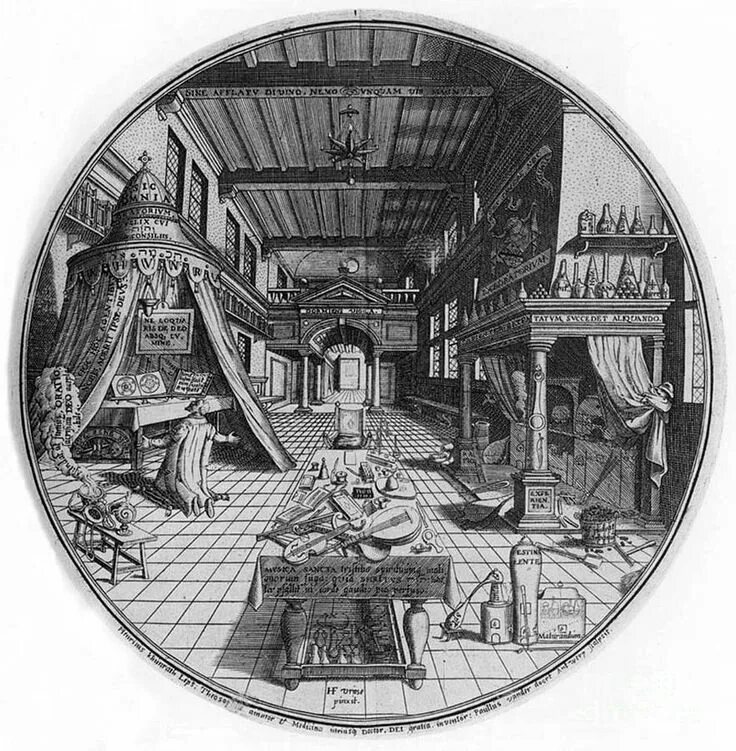 Алхимическая лаборатория гравюра. Basilica Philosophica 1618. Лаборатория алхимика 19 век. Алхимик гравюра.