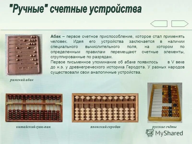 Реферат на тему счет. Первые счетные приспособления. ручные счетные устройства. история развития счетных устройств. приспособления для счета счеты.