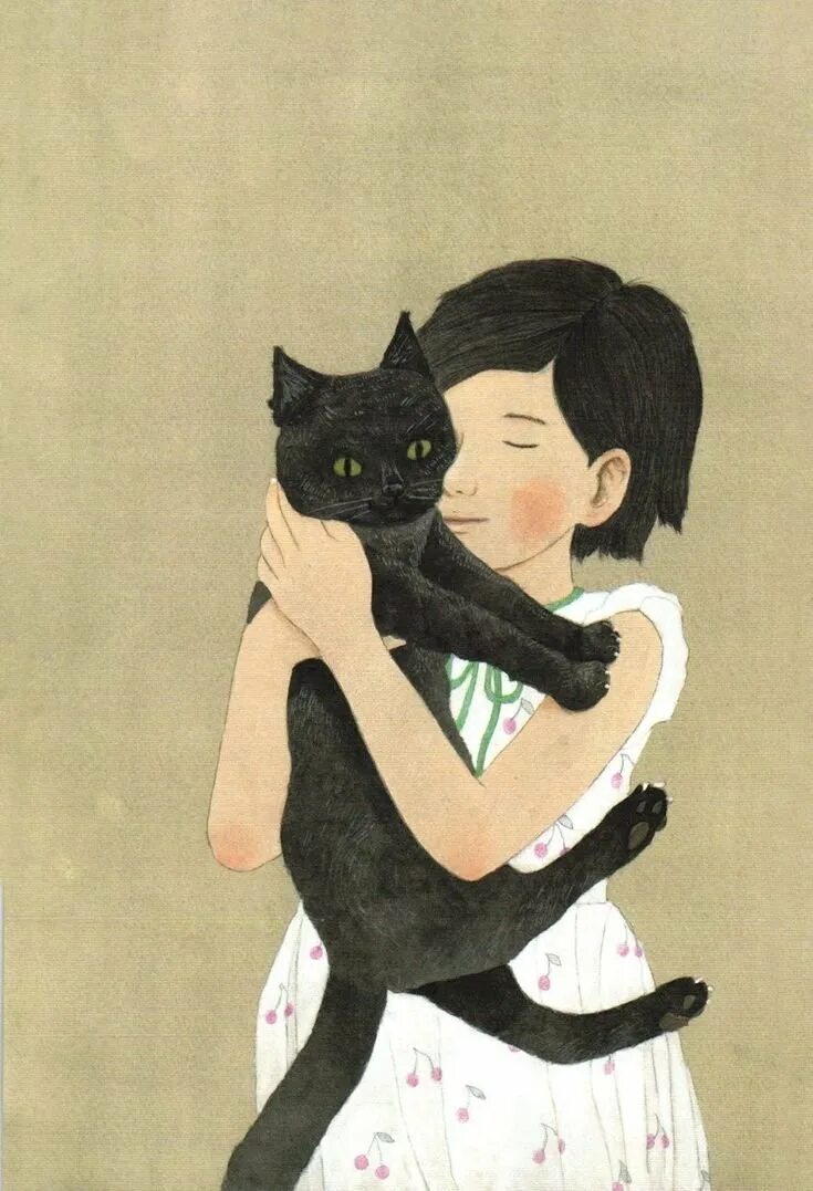 Черный кот и девочка. Кот объятия. Девочка с котом. Девочка кошка арт. Девочка с котом арт.