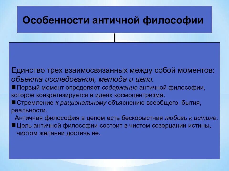 Сообщение особенности описания. Особенности философии античности. специфика античной философии. своеобразие античной философии. черты древнегреческой философии.