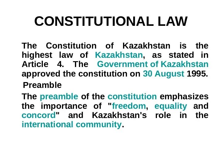 Constitutional Law презентация. Subjects of Constitutional Law:. About Constitution of Kazakhstan. About Constitution of Kazakhstan ppt. A higher law