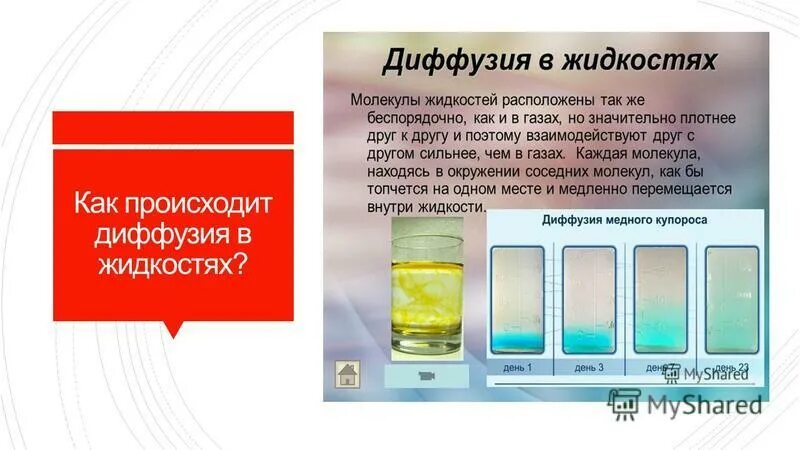Диффузия происходит быстрее в жидкостях. Диффузия происходит быстрее в жидкостях