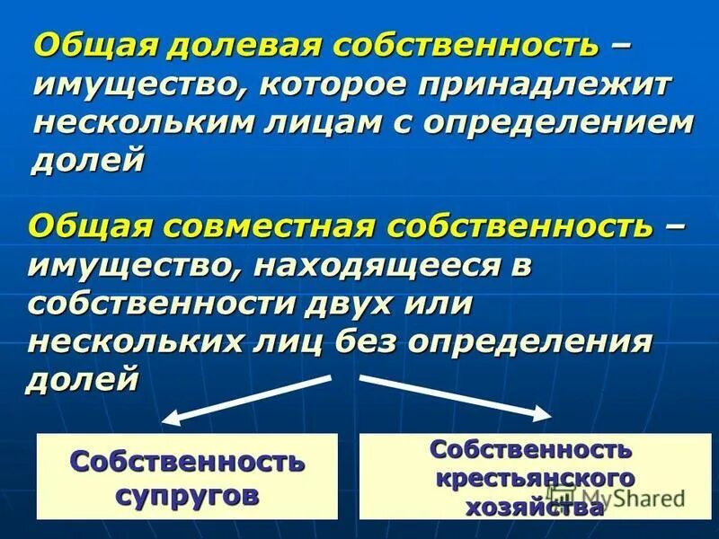 Отношение к собственности величина. Презумпция долевой формы собственности. Формы общей долевой собственности. Общая совместная и общая долевая собственность.