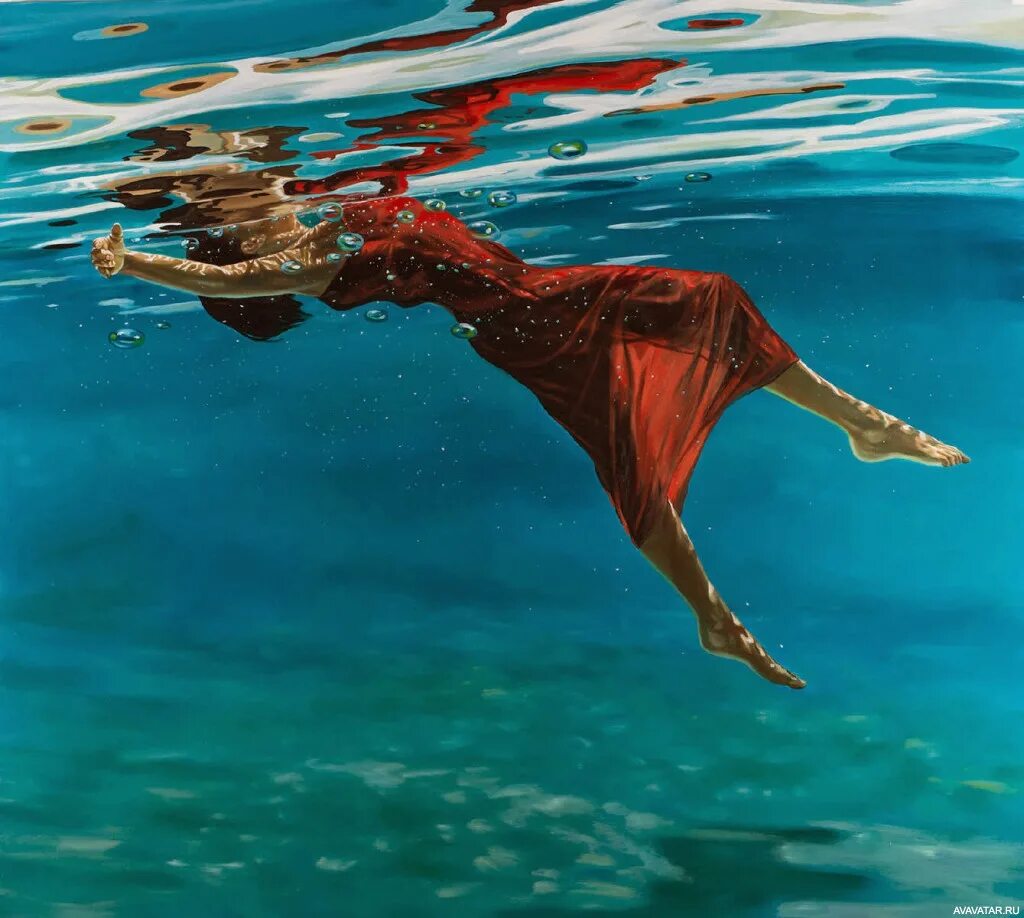 Eric Zener художник. Девушка под водой. В воду идет красным