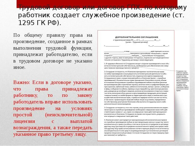 Работодателю служебного произведения принадлежат. Договор служебного произведения. Соглашения о создании служебного произведения. Создание служебного произведения в трудовом договоре. Произведения созданные по договору.