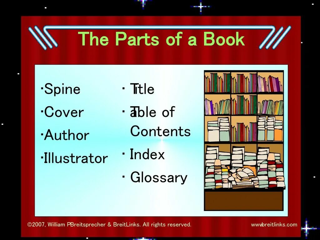 Parts of a book. Book Parts. Contents of the book. Table Parts. Title Table.