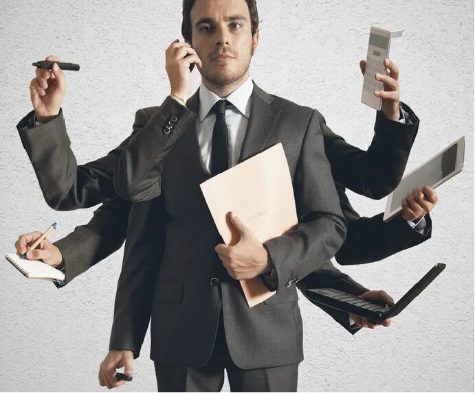 Офисные люди. Занятой бизнесмен. Рекламный менеджер. Многорукая женщина. Многорукий шива в офисе.