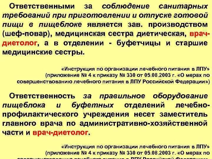 Ответственный за организацию лечебного питания. Требования к пищеблокам лечебно профилактических учреждений. Санитарные правила при приготовлении пищи на пищеблоке. Требования к отпуску готовой пищи. Кто является ответственным за правильное сцепление