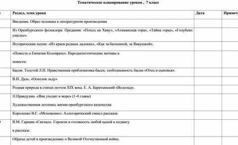 План занятий 7 класс