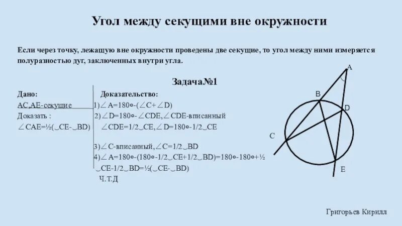 Углы через секущую. Угол между секущими. Угол между секущими к окружности. Угол между пересекающимися секущими. Угол между двумя секущими.