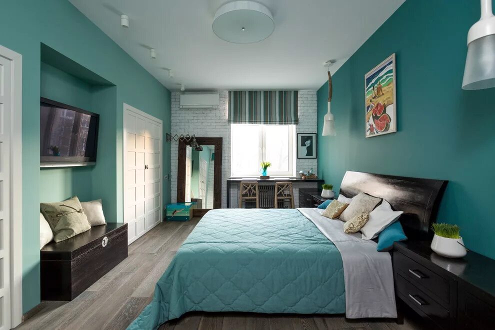 Бирюзовый интерьер. Спальня в бирюзовом цвете. Бирюзовая комната интерьер. Комната в бирюзовом стиле.