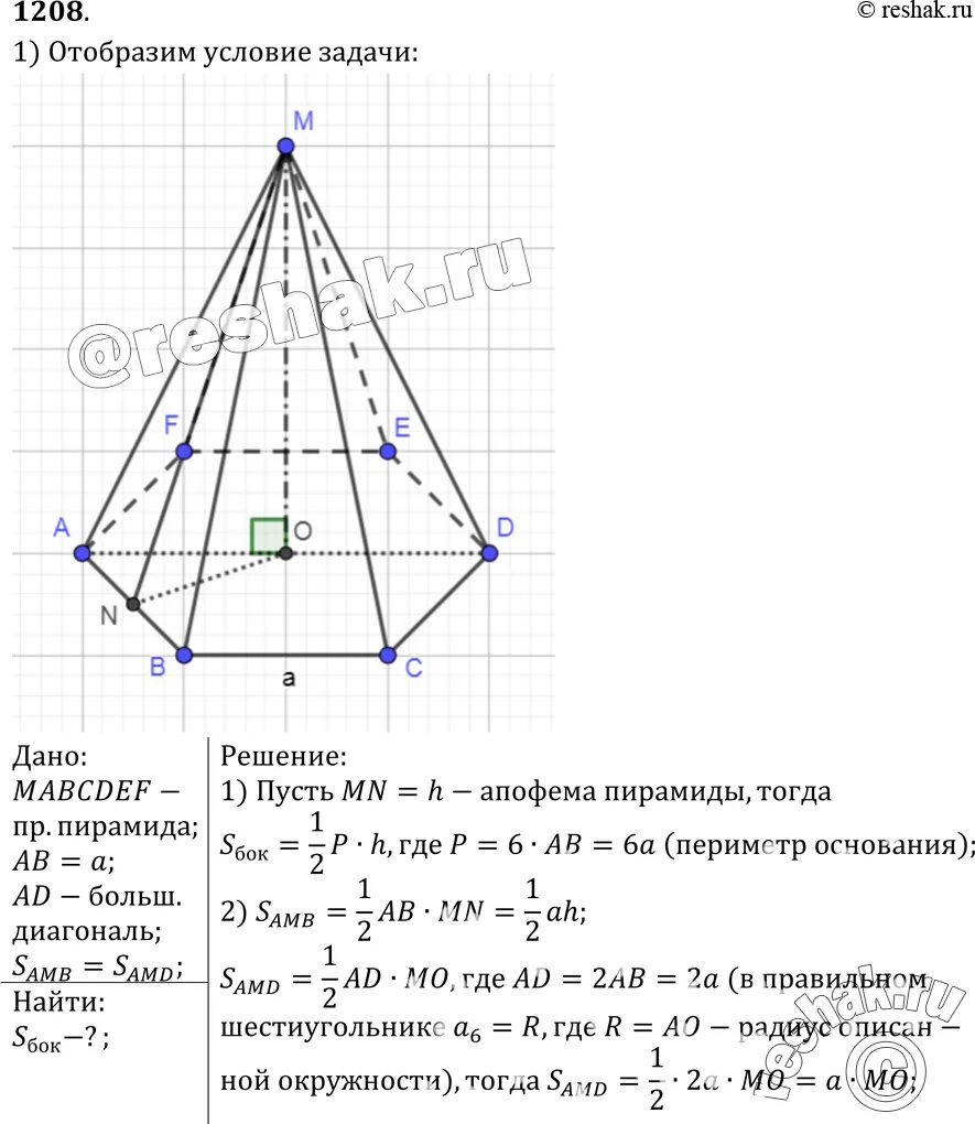 Площадь боковой поверхности правильной шестиугольной пирамиды. Площадь боково1 поверхности шестиугольной пирамиды. Диагонали основания правильной шестиугольной пирамиды. Диагональ основания шестиугольной пирамиды. Площадь основания 6 угольной пирамиды