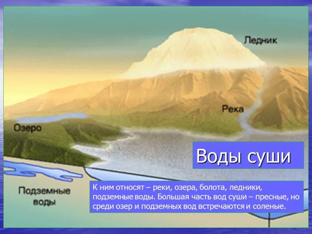 Пример воды суши. Вода суши реки озёра ледники подземные воды. Воды суши. Воды суши это в географии. Поверхностные воды суши.